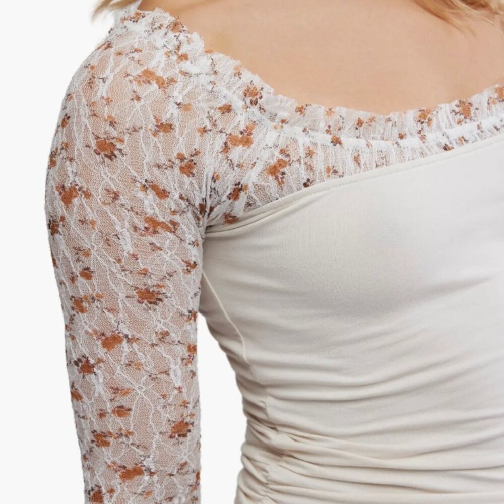 Free People Josie Lace Long Sleeve Shirt XS Tea Combo NWT Retail $68 - Picture 2 of 6